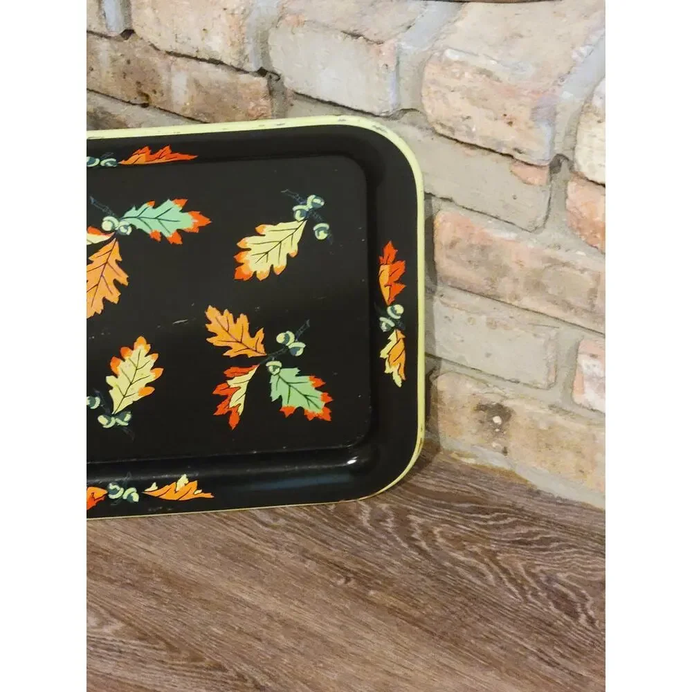 Vintage Mid Century Black Metal Lap TV Serving Tray Oak Leaves Acorns Fall Decor